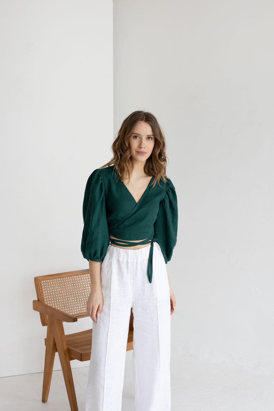Emerald Linen Blouse With Puffed Sleeves