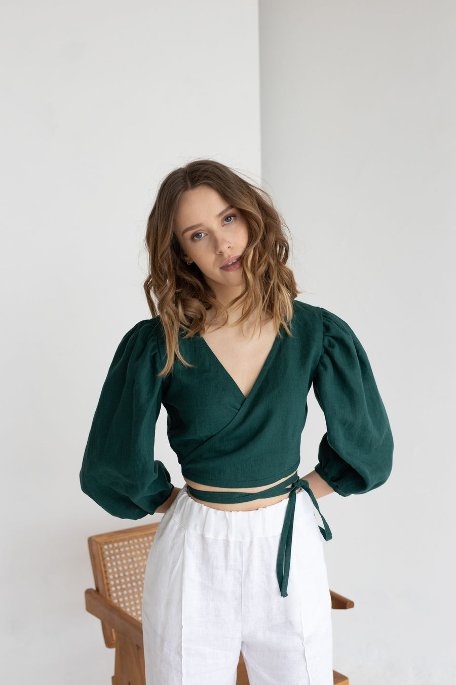 Emerald Linen Blouse With Puffed Sleeves