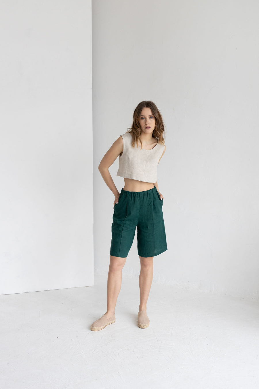 Emerald Linen Wide-Leg Bermuda Shorts With Crease Line