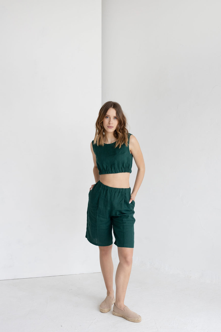 Emerald Linen Two-Piece Shorts and Top set