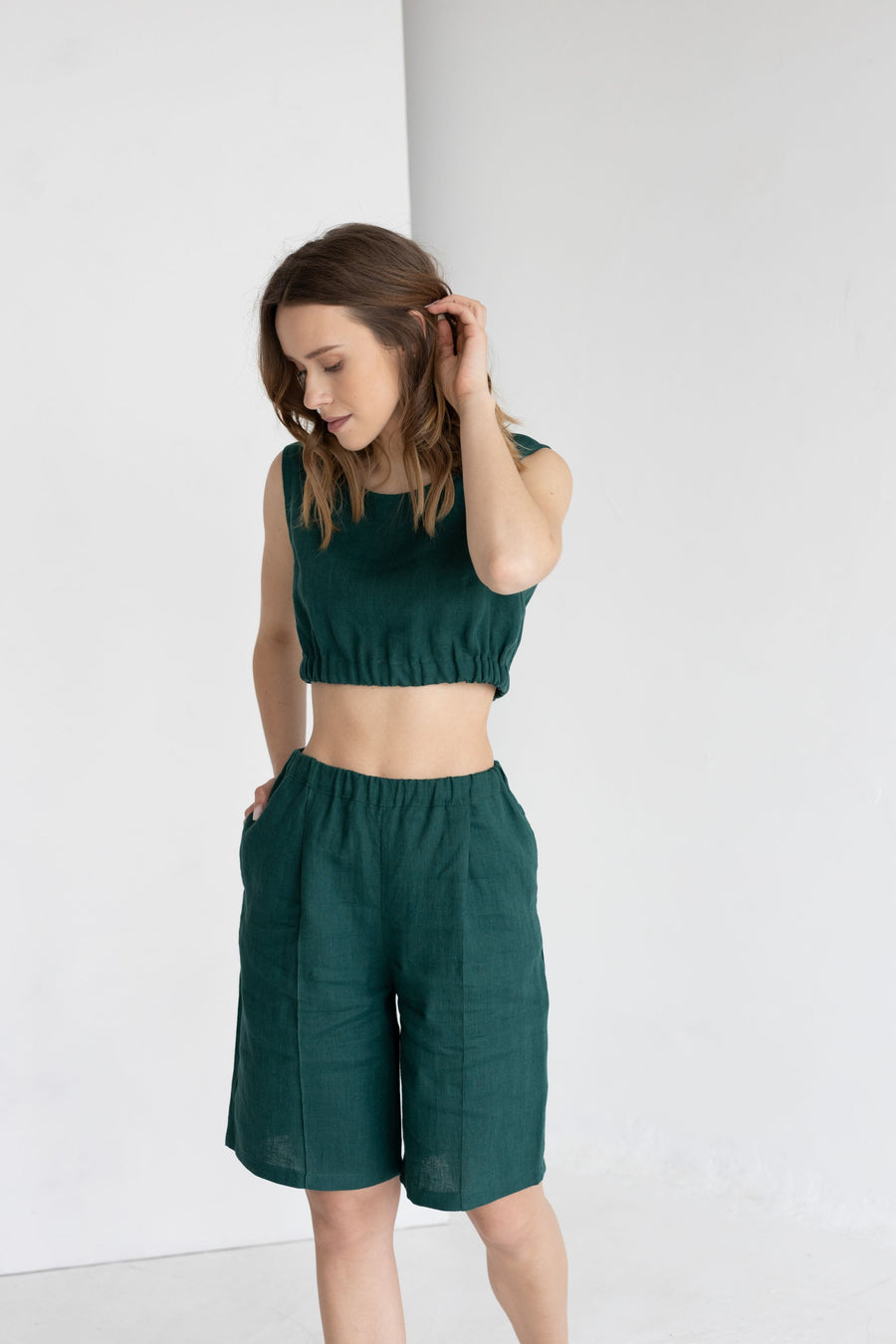 Emerald Linen Two-Piece Shorts and Top set