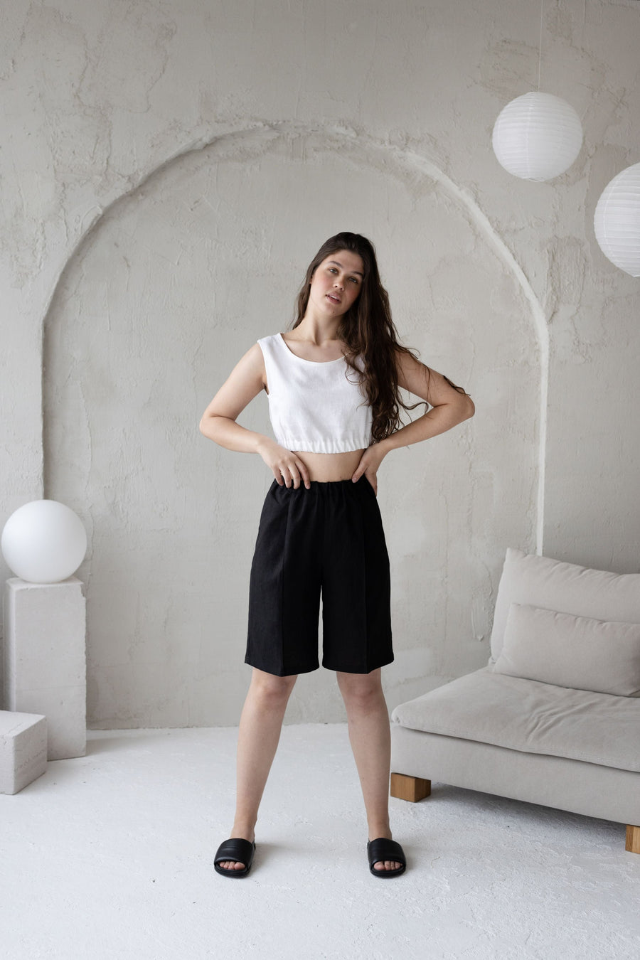 Rusty Linen Wide-Leg Bermuda Shorts With Crease Line