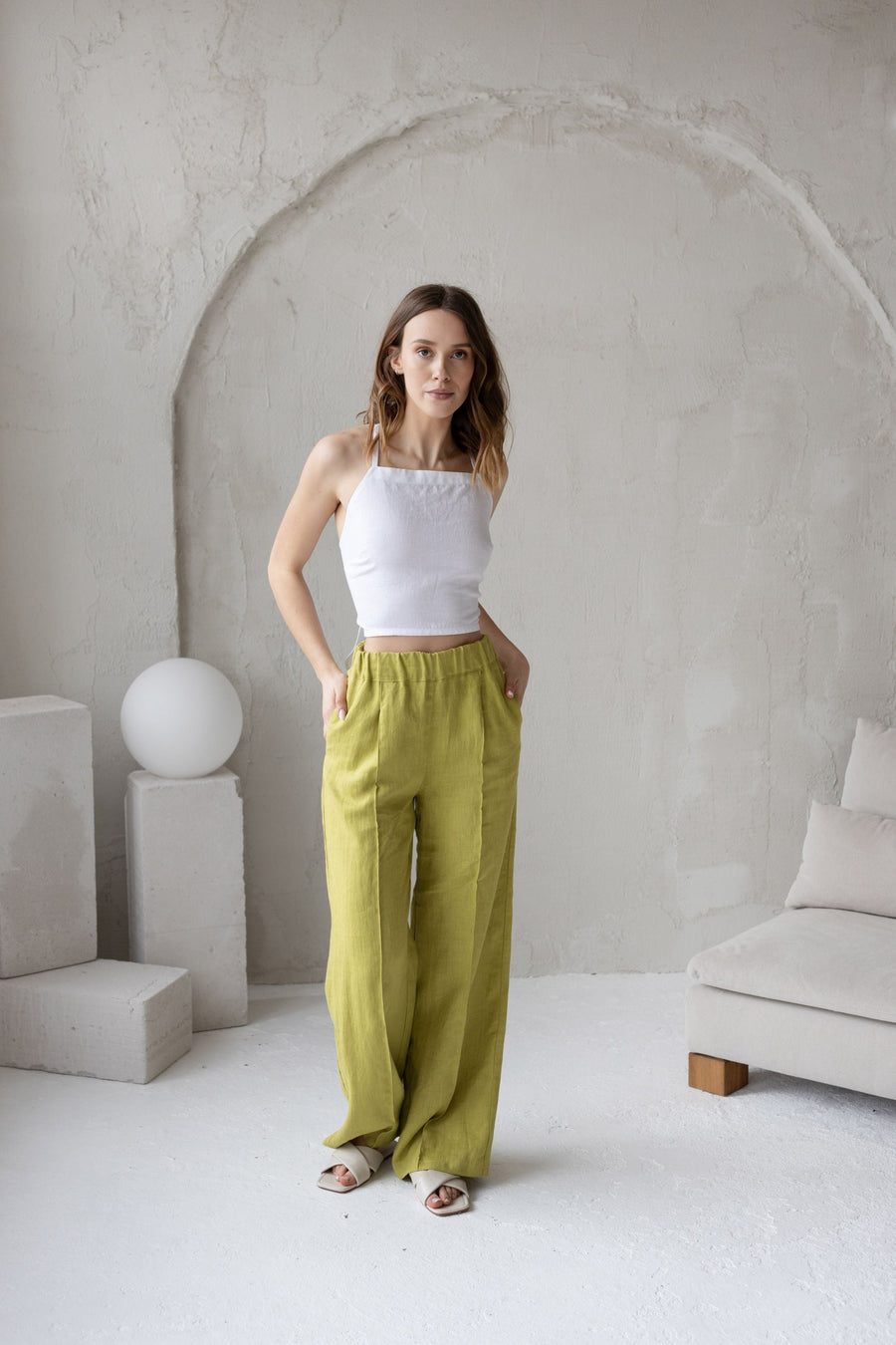 Mustard Linen Crop Top With Open Back