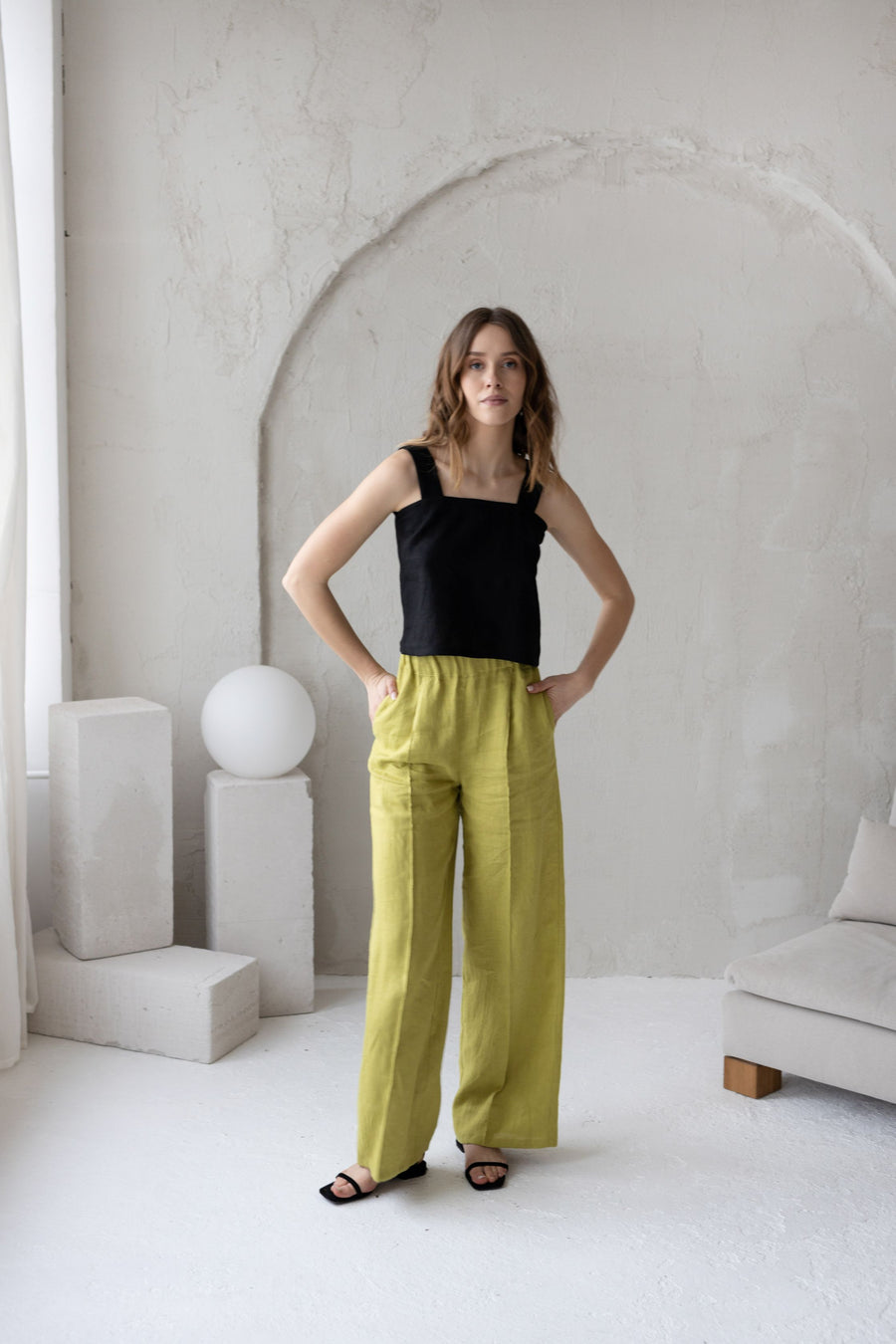 Lime Linen Crop Top With Wide Straps