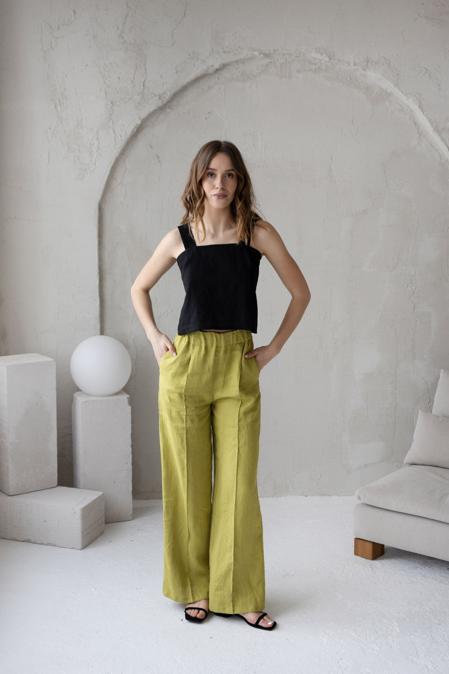 Lime Linen Crop Top With Wide Straps
