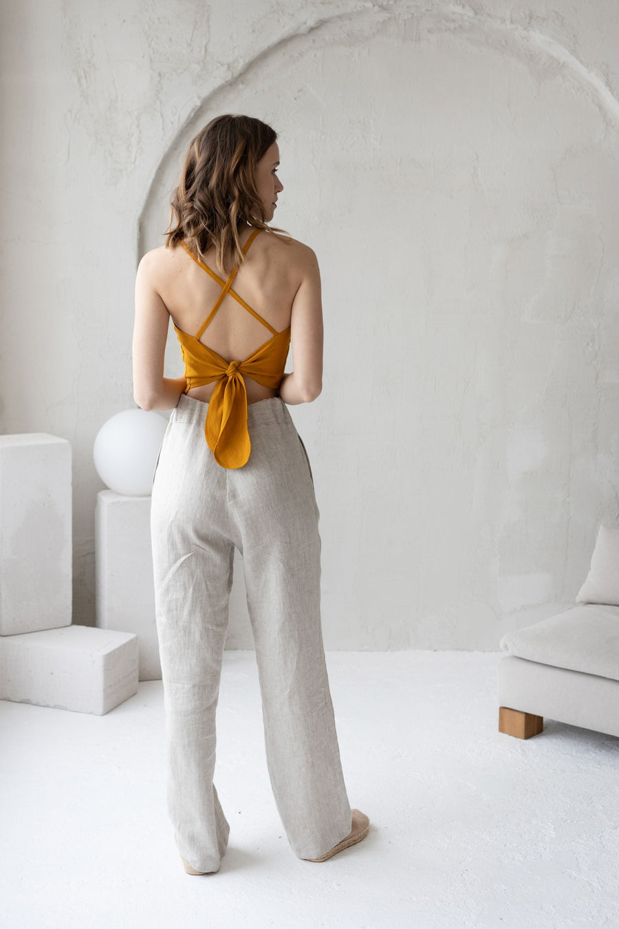 Mustard Linen Crop Top With Open Back