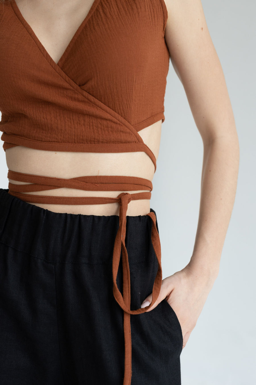 Terracotta Muslin Wrap Crop Top With Ties