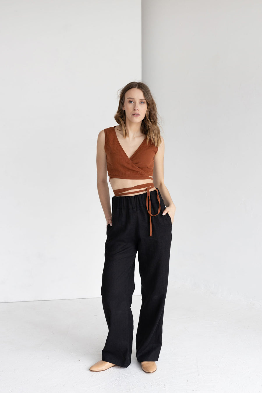 Terracotta Muslin Wrap Crop Top With Ties