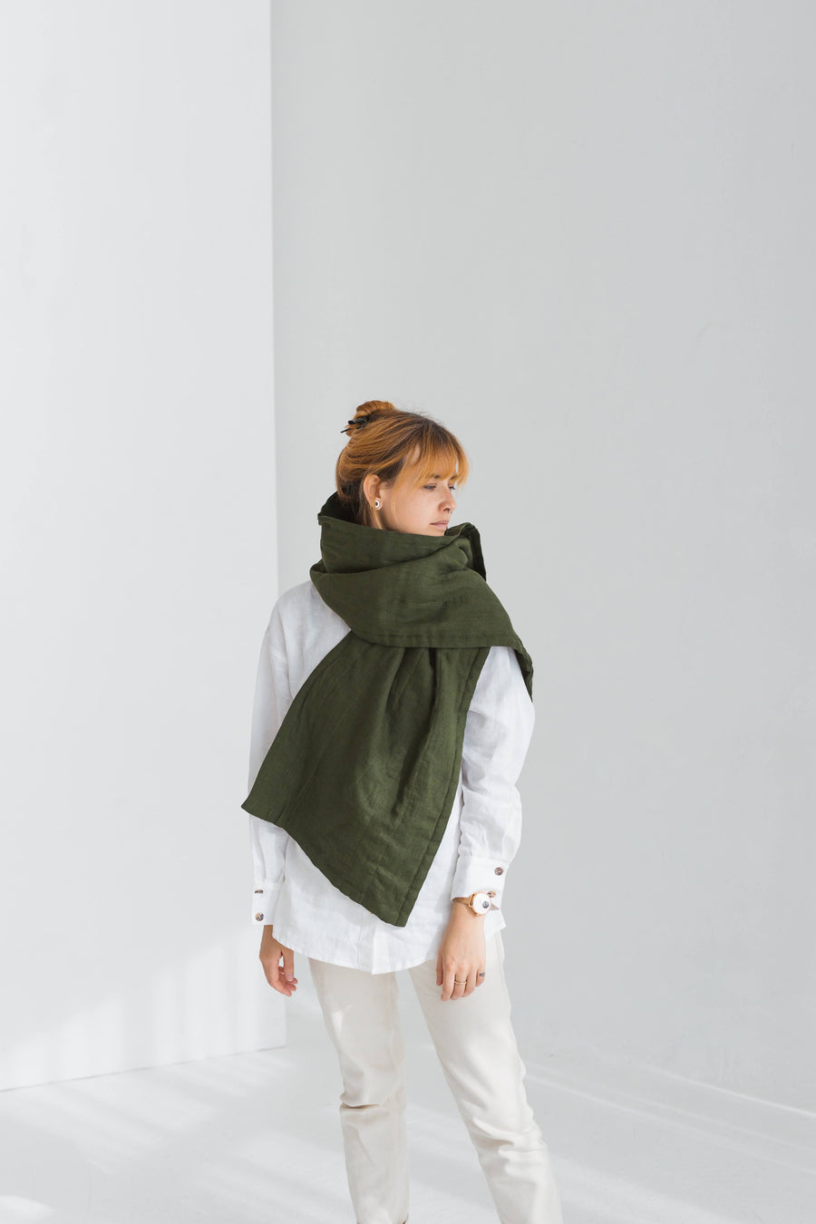 Dark Green Linen Scarf With Wool Filling