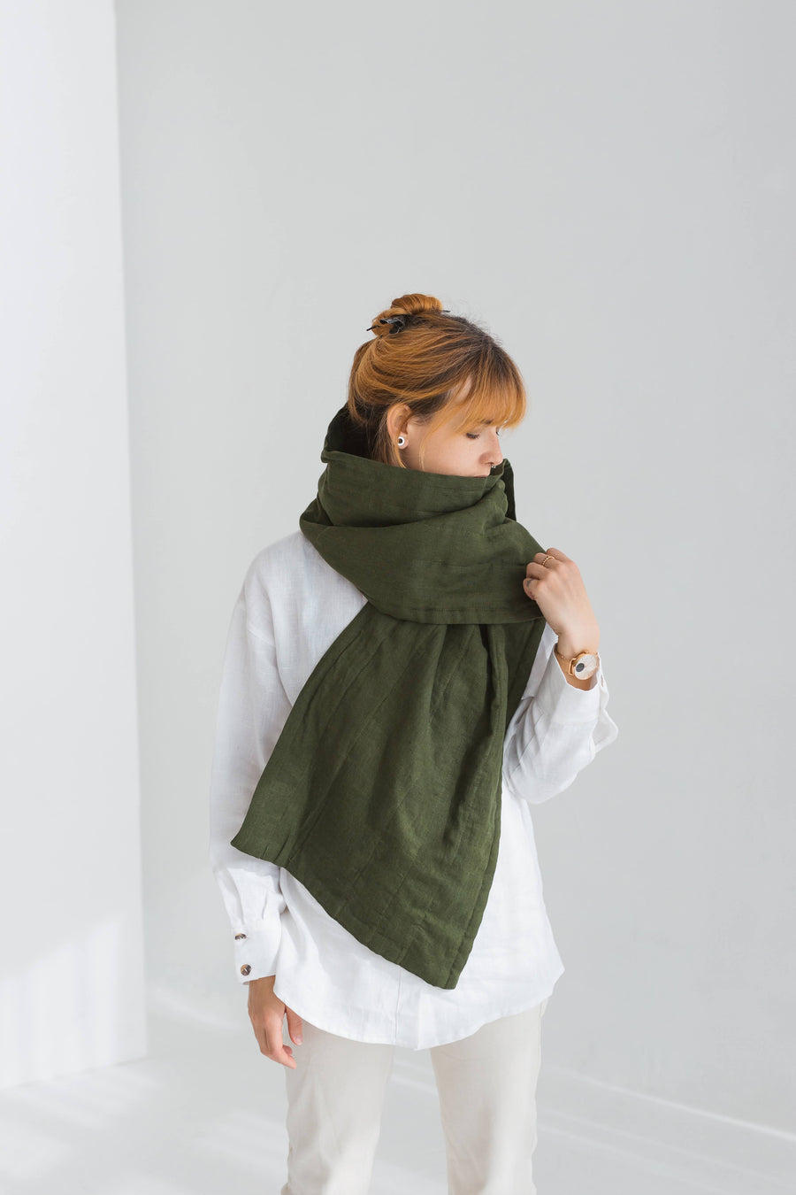 Dark Green Linen Scarf With Wool Filling