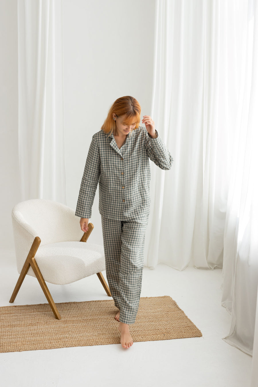 Gray green ginghan linen pajama set