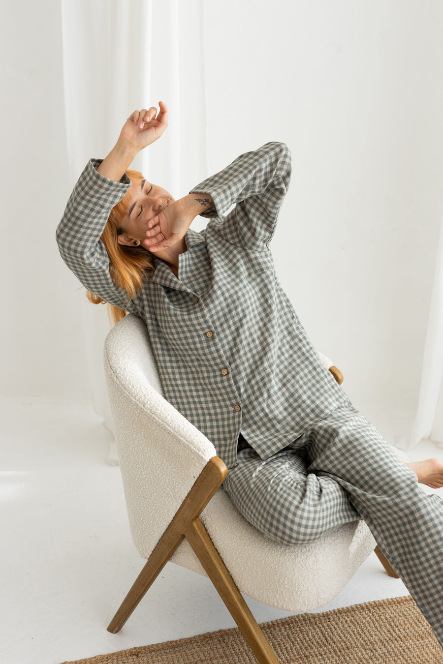 Gray green ginghan linen pajama set