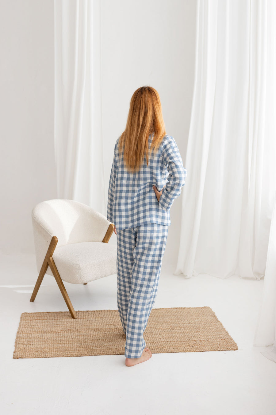 Light blue gingham linen pajama set