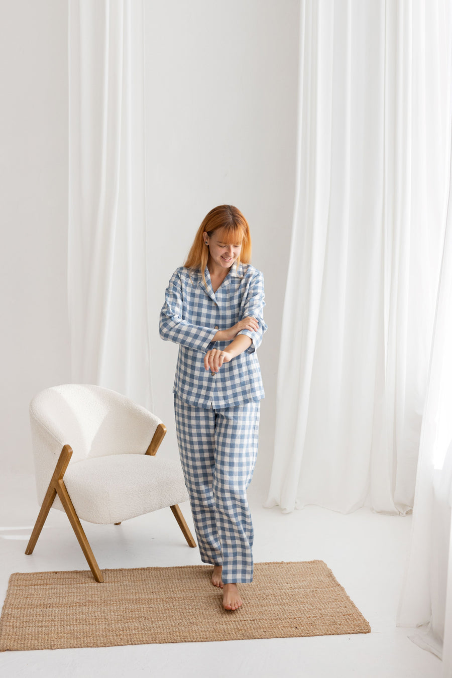 Light blue gingham linen pajama set