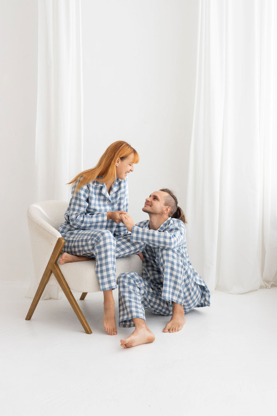 Light Blue Gingham Linen Pajama Set For Men