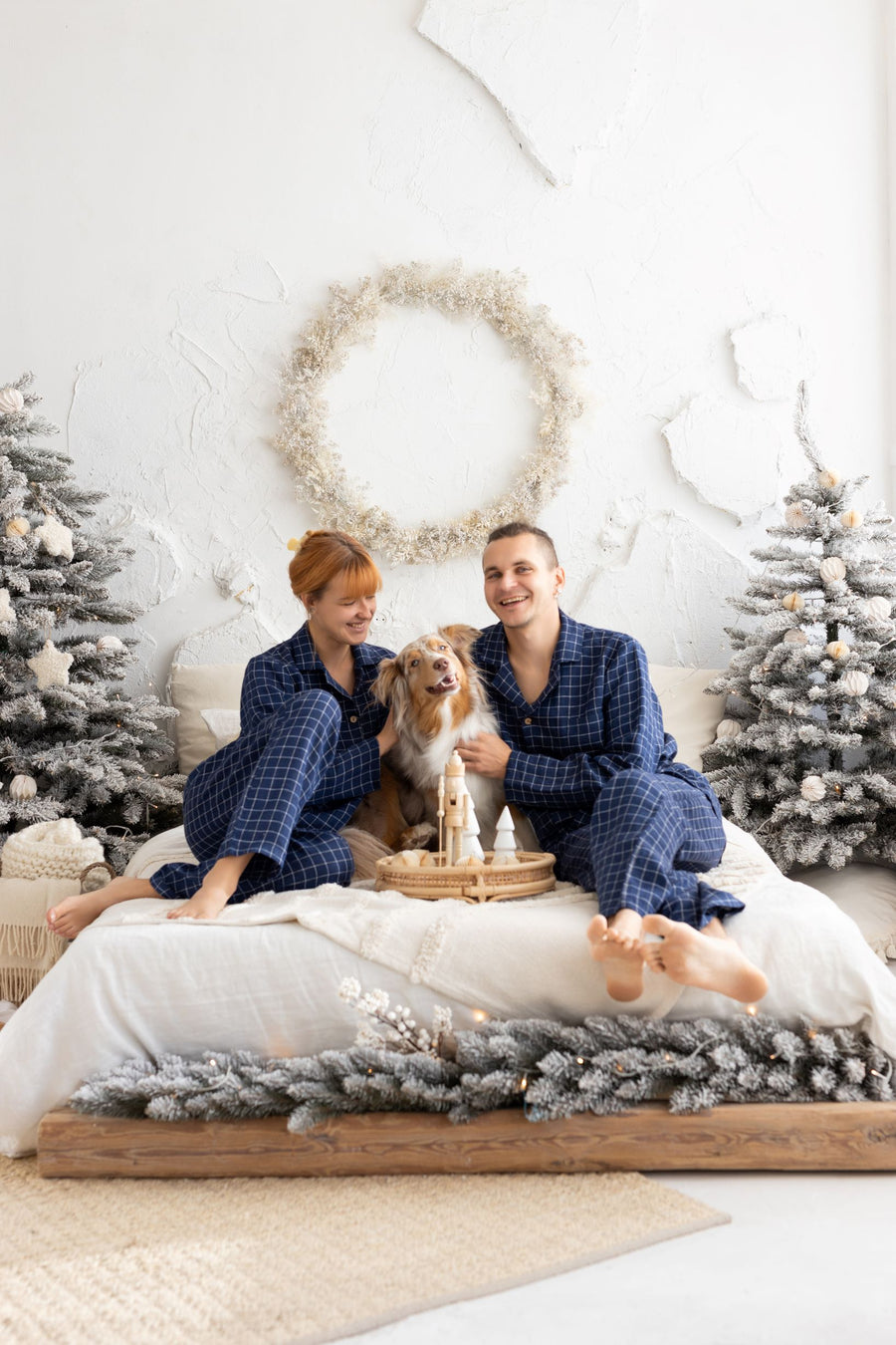 Navy blue windowpane linen pajama set for couple