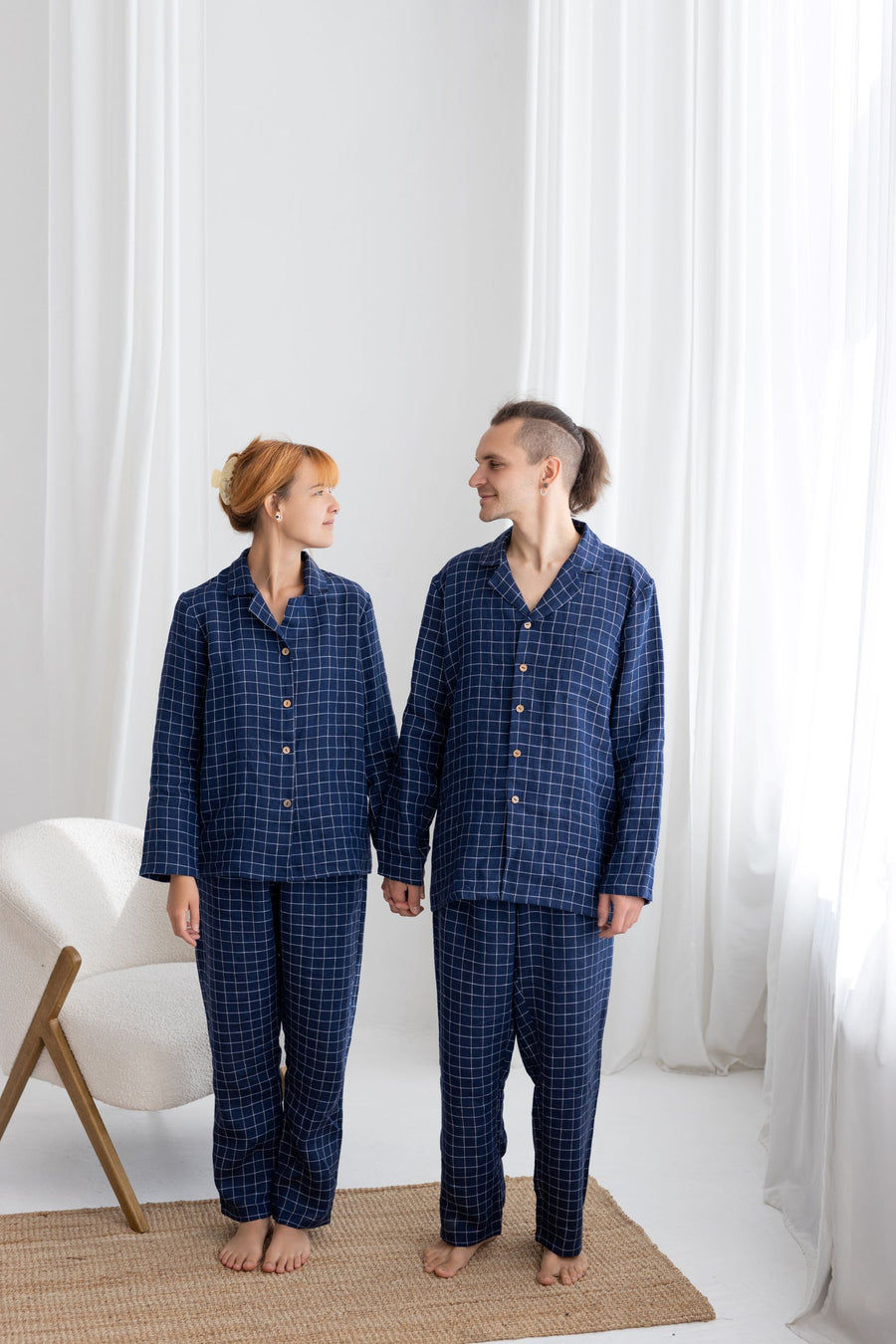 Navy blue windowpane linen pajama set for couple
