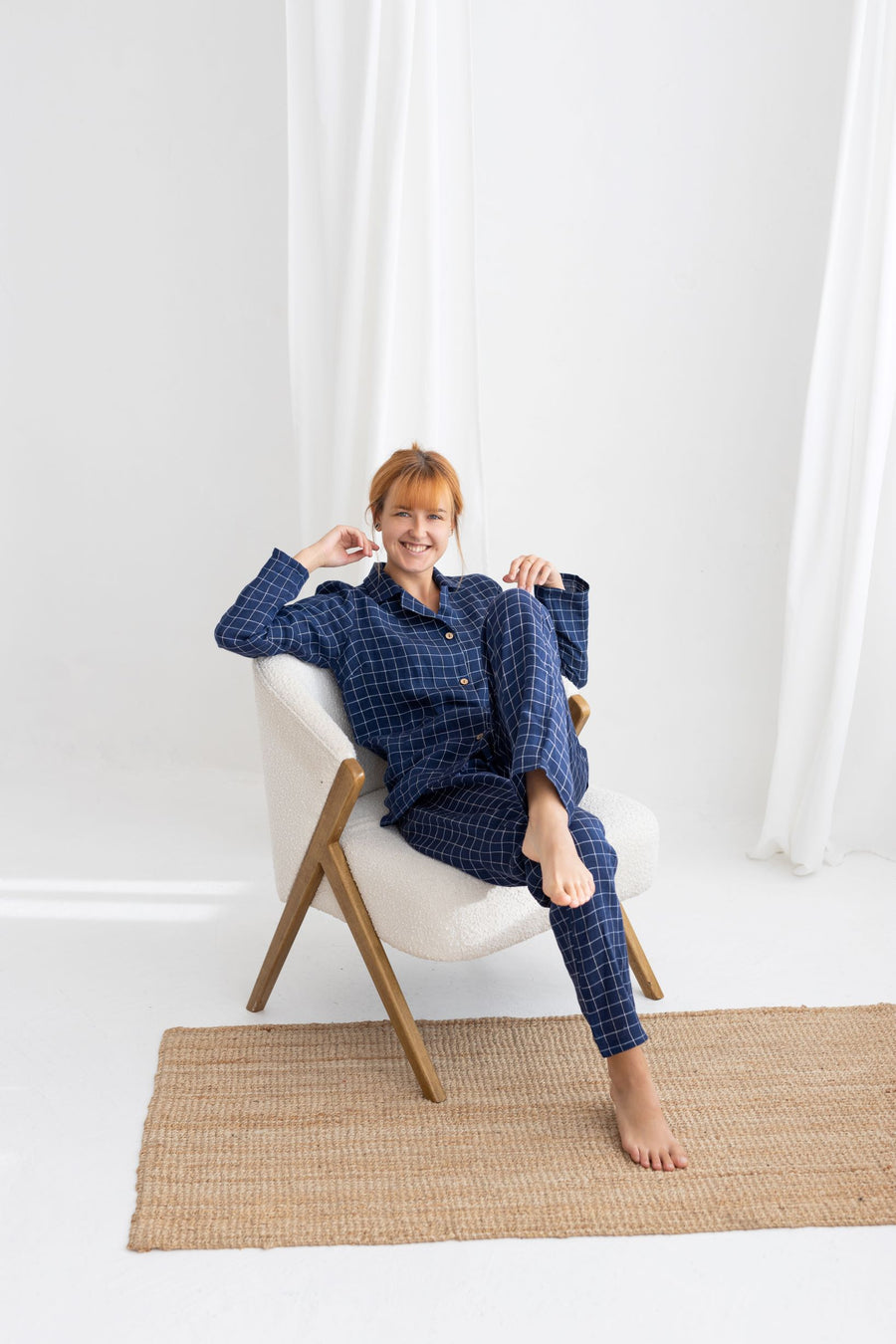 Navy blue windowpane linen pajama set