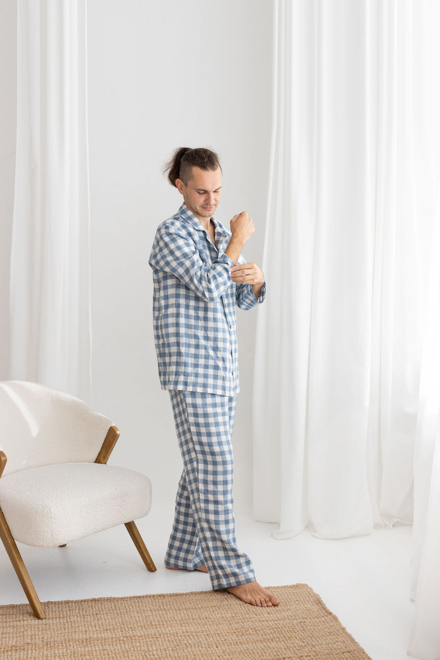 Light blue gingham linen pajama set for couple