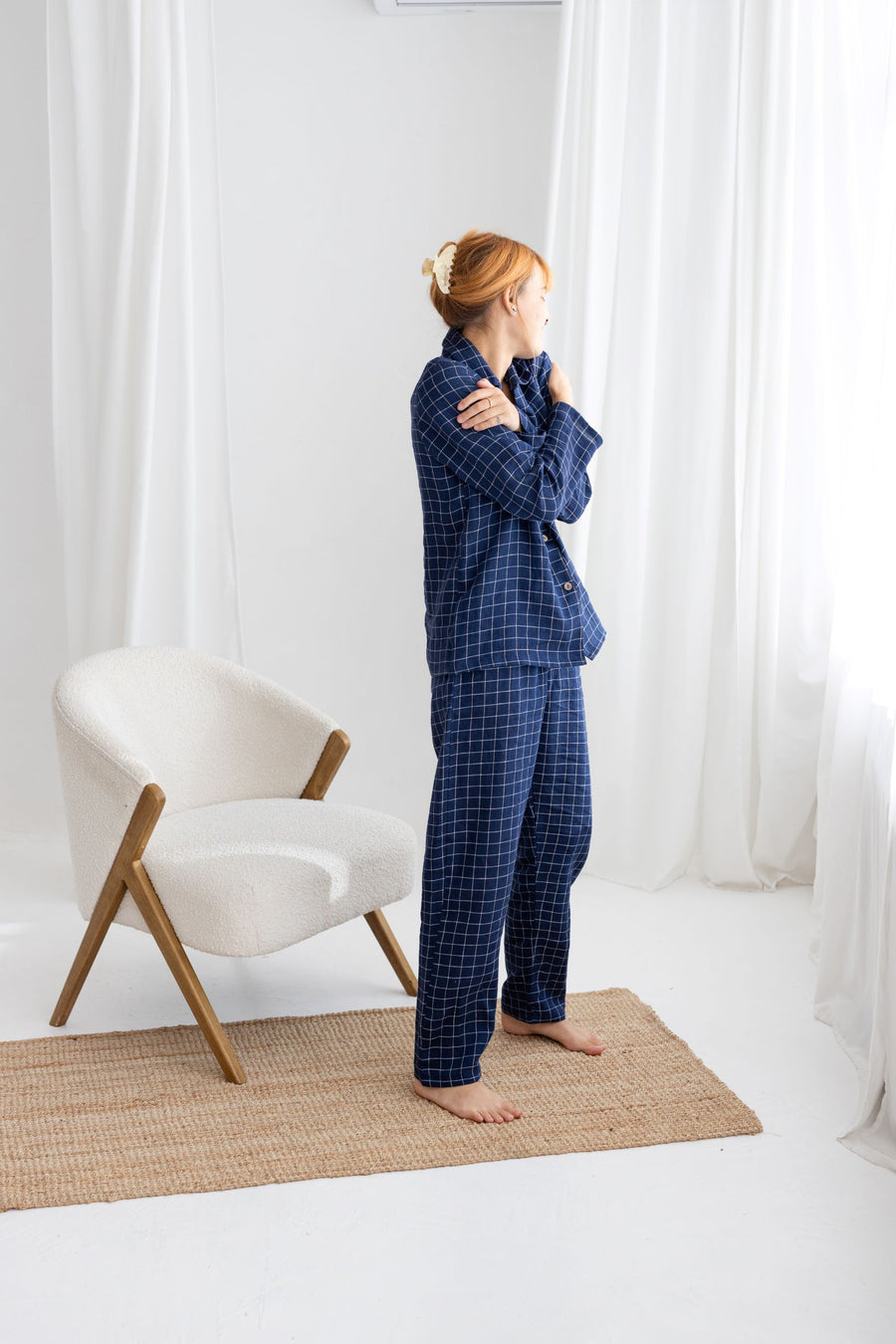 Navy blue windowpane linen pajama set