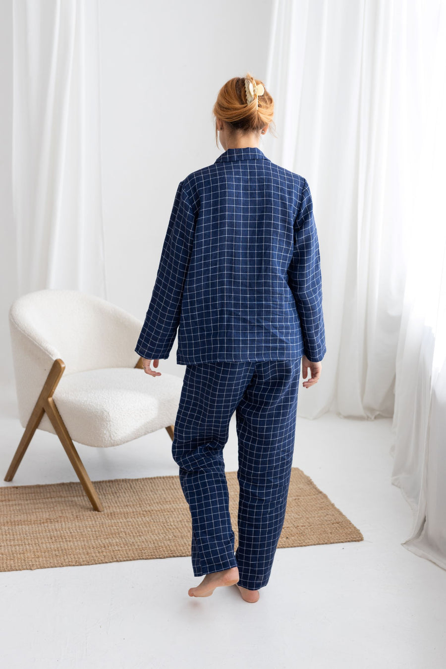 Navy blue windowpane linen pajama set
