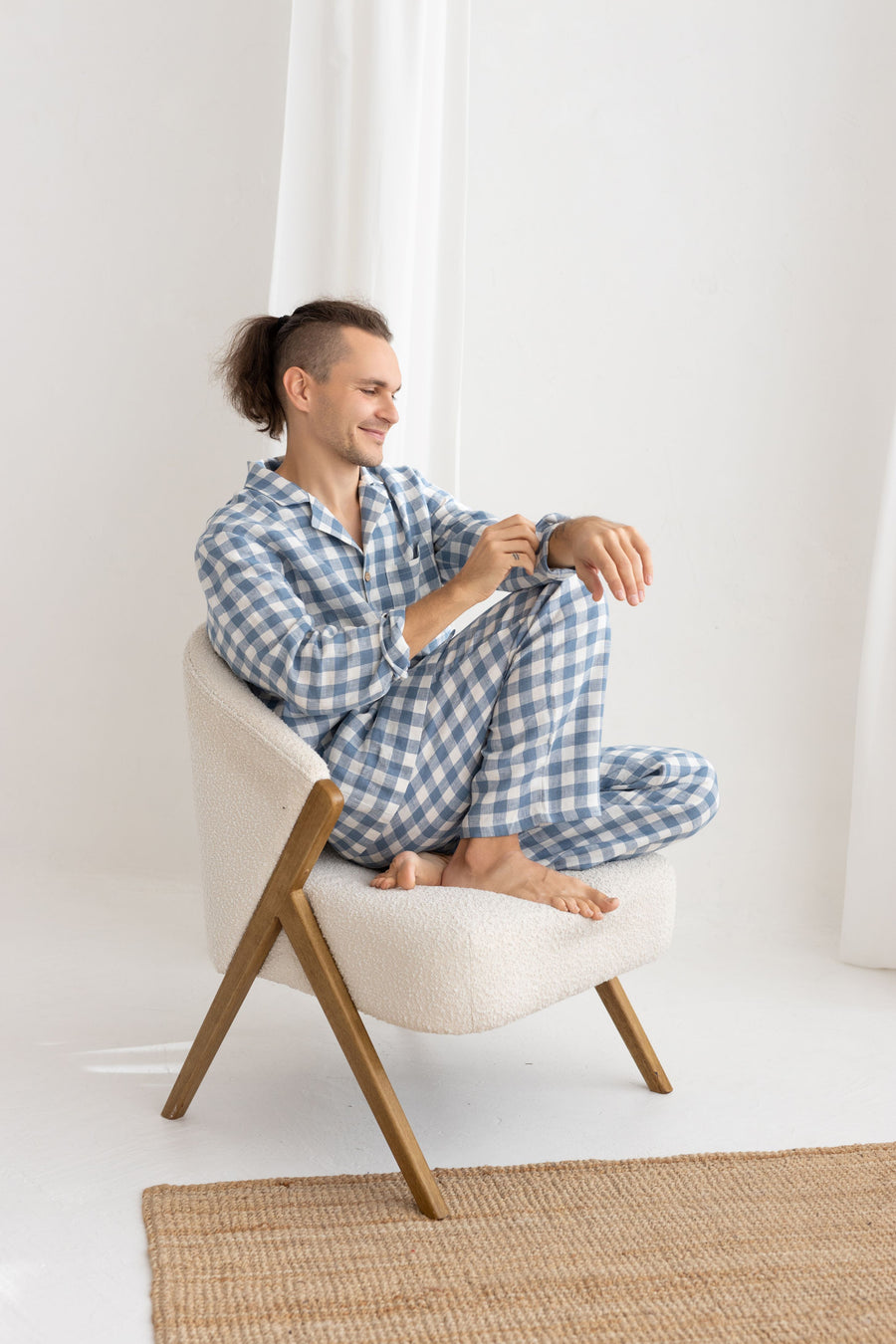 Light Blue Gingham Linen Pajama Set For Men
