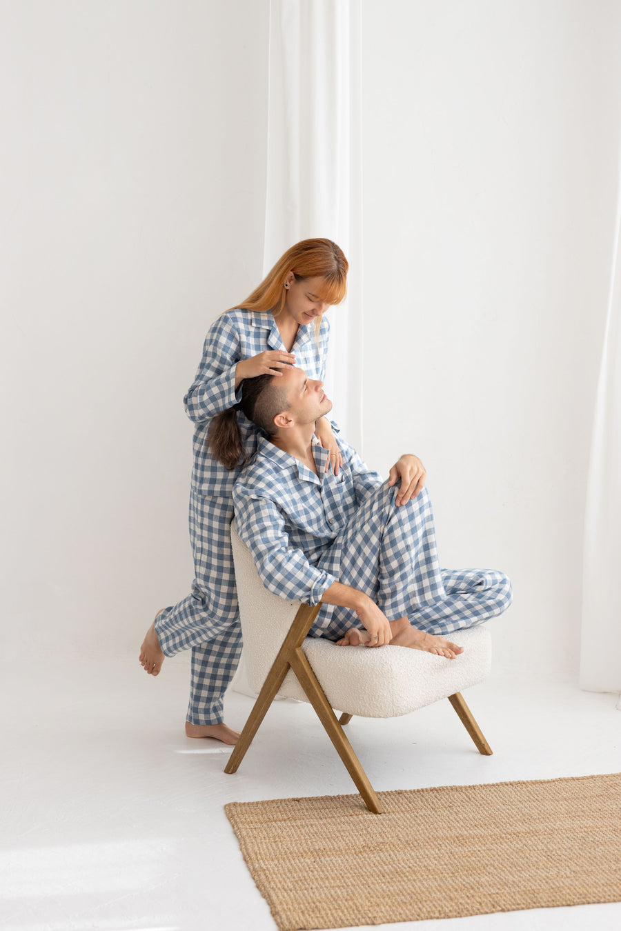 Light blue gingham linen pajama set for couple