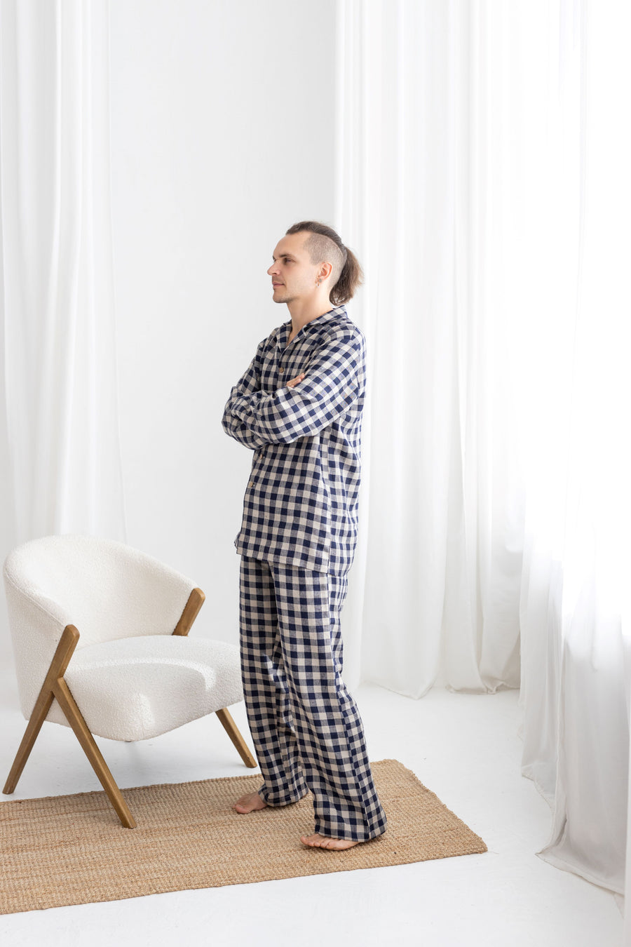 Deep Blue Gingham Linen Pajama Set For Men