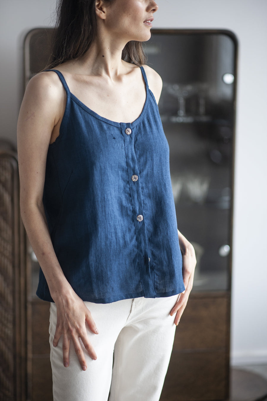 Blue Linen Slip Top With Straps