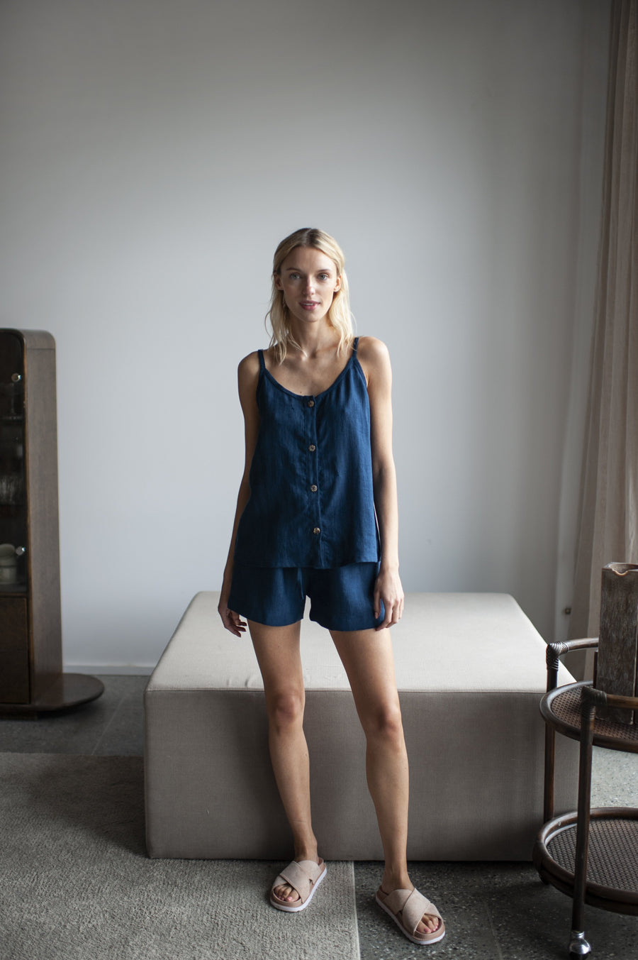Steel Blue Linen Shorts and Cami Top Set