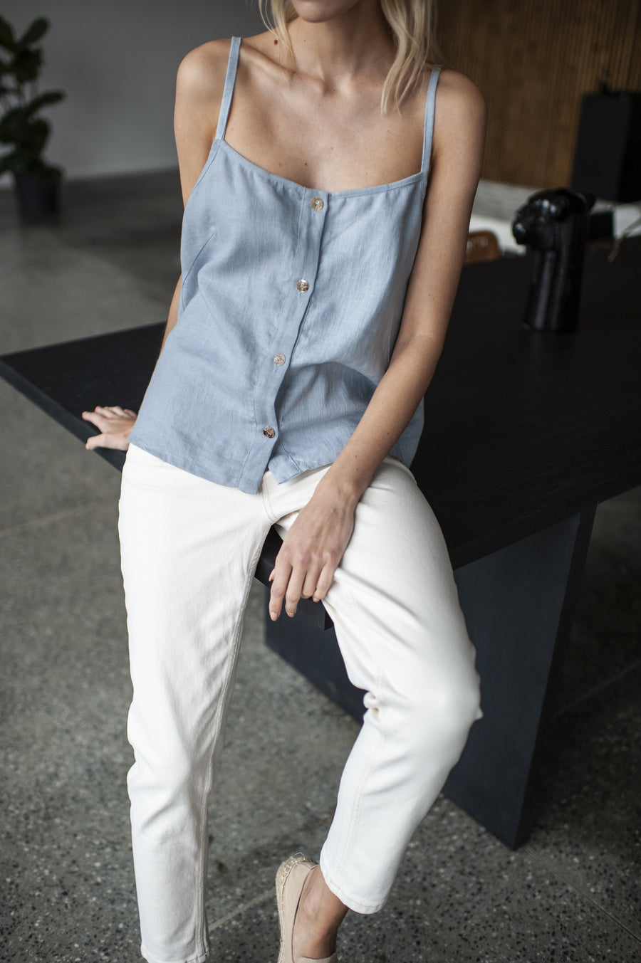 Blue Linen Slip Top With Straps