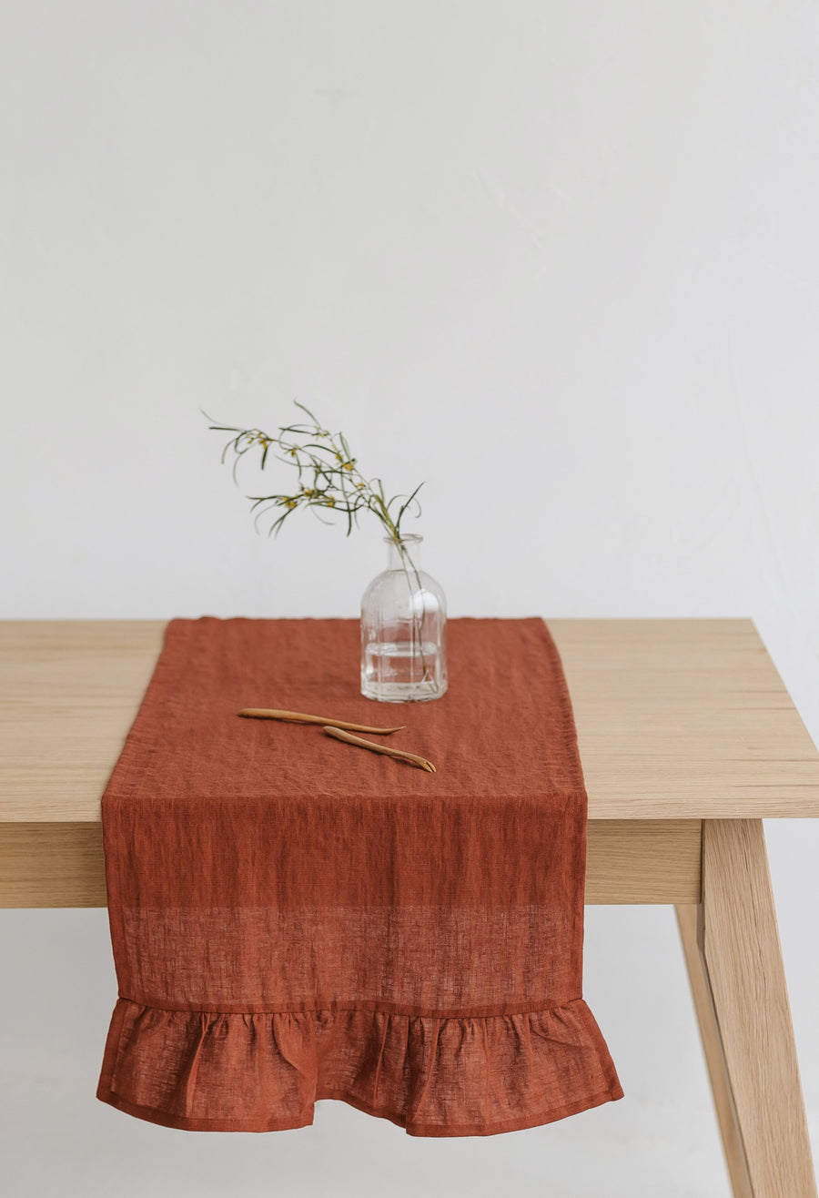 Rusty Linen Table Runner With Ruffle