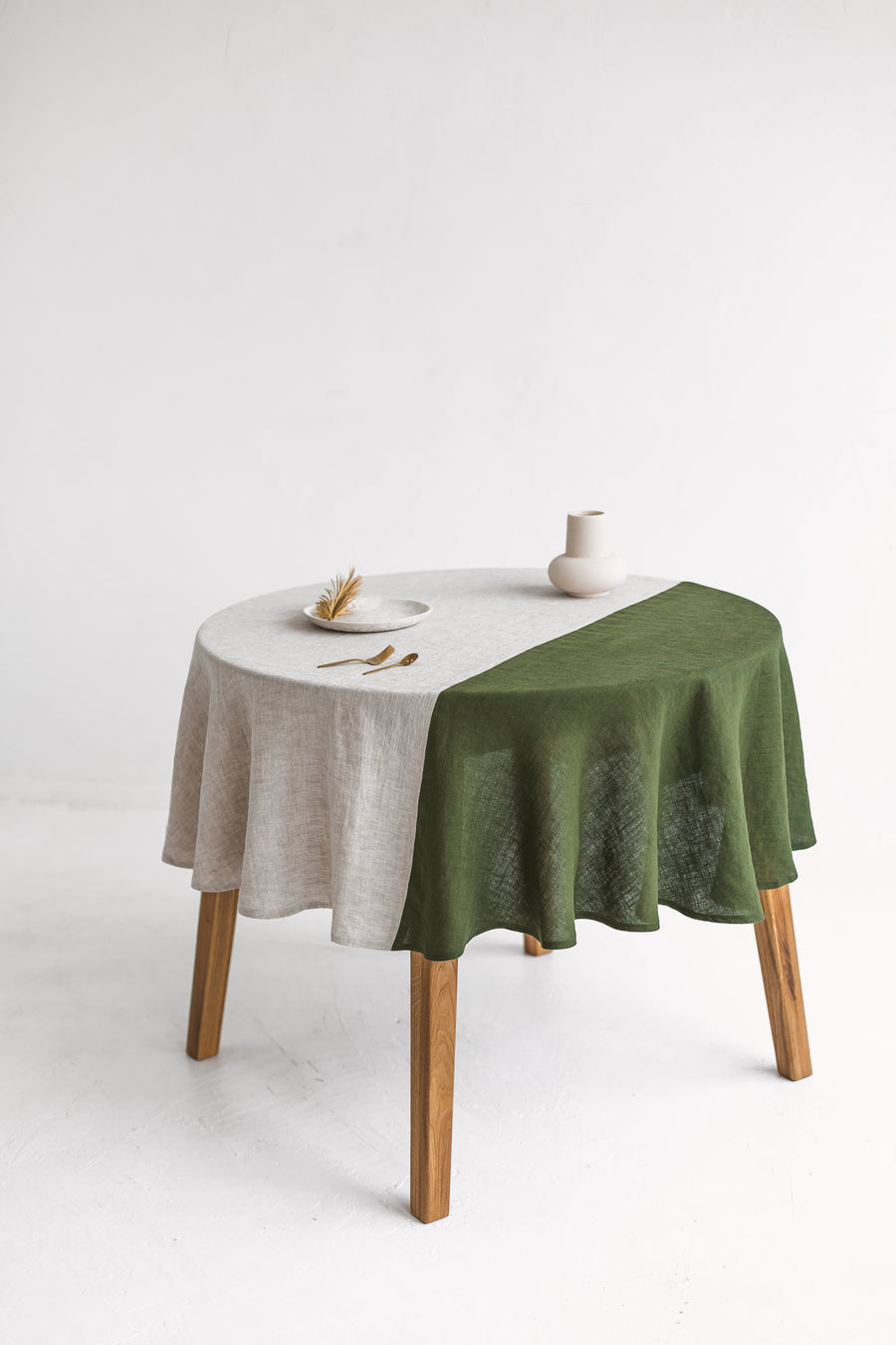 Color Block Round Green Linen Tablecloth