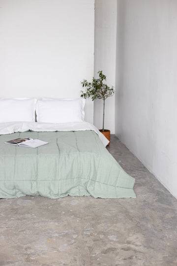 Sage quilted linen bedspread