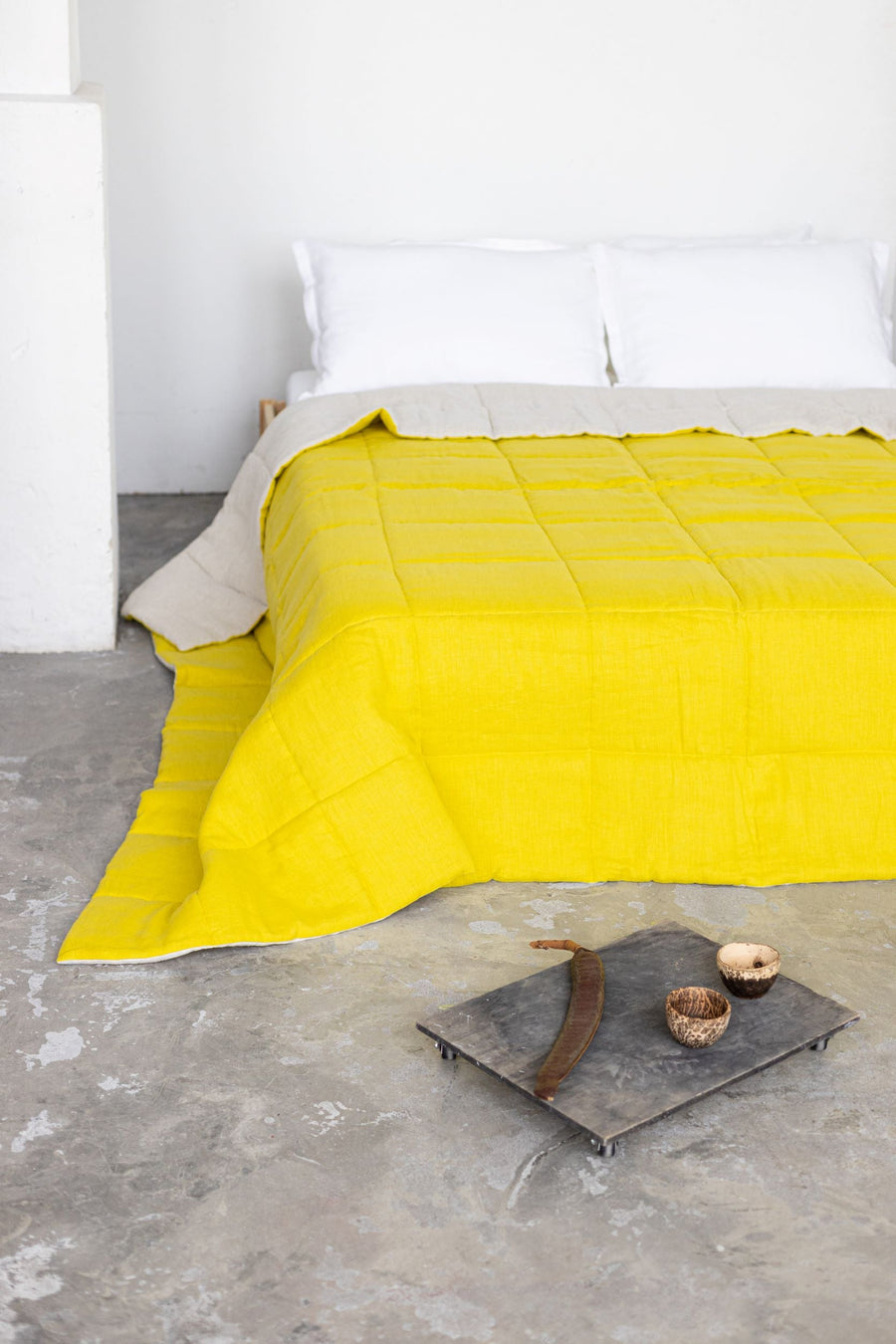 Chartreuse quilted linen bedspread