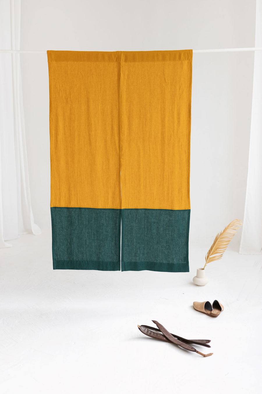 Color Block Mustard Emerald Linen Japanese Noren Curtain