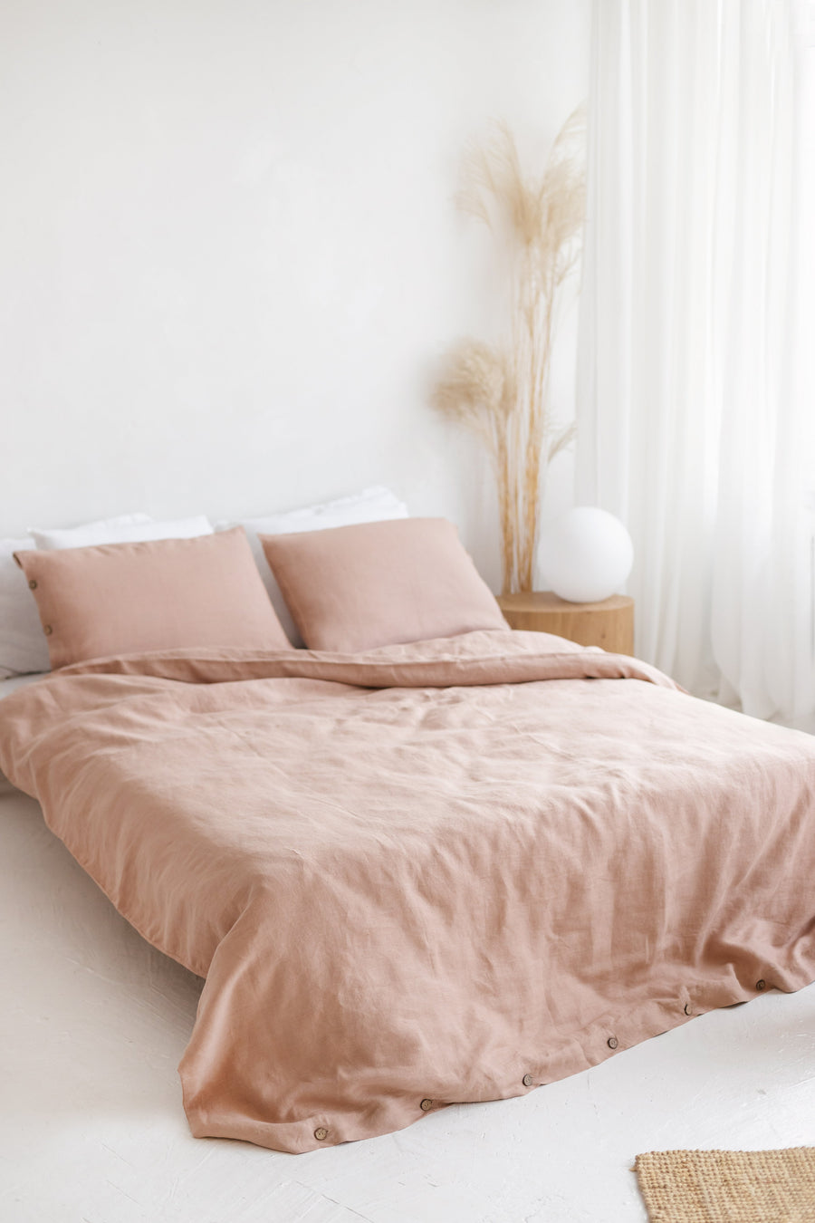 Set Of Peach Linen Duvet Cover And 2 Pillow Cases