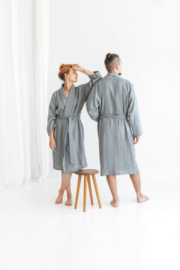 Set of 2 linen bathrobes for him and her