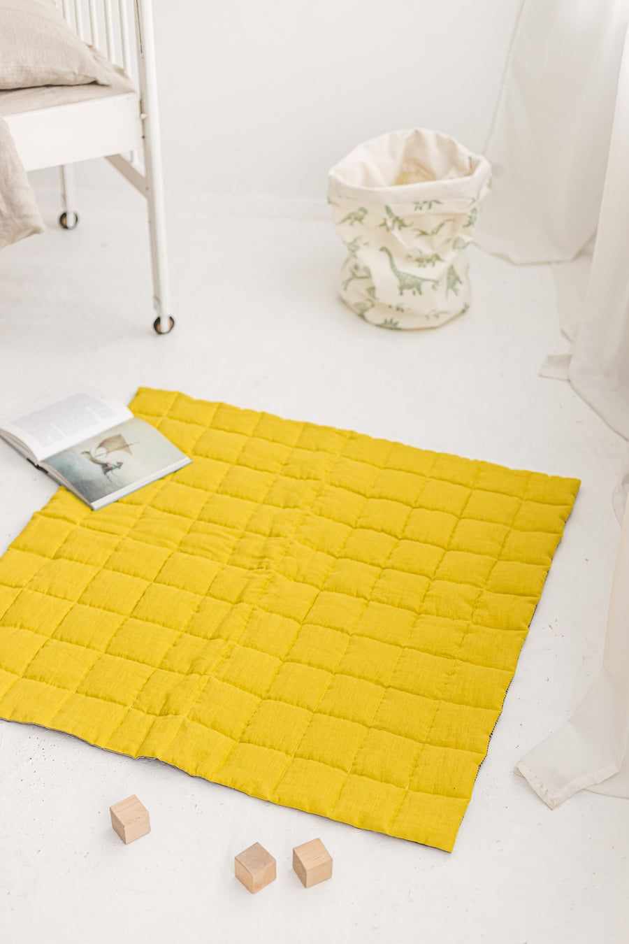 Chartreuse Yellow Striped Black Linen Baby Padded Play Mat