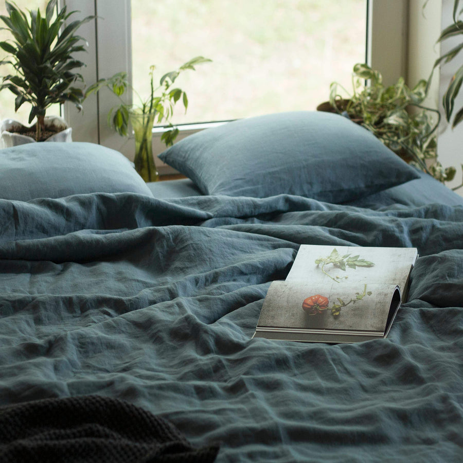 Set Of Dusty Blue Linen Duvet Cover And 2 Pillowcases