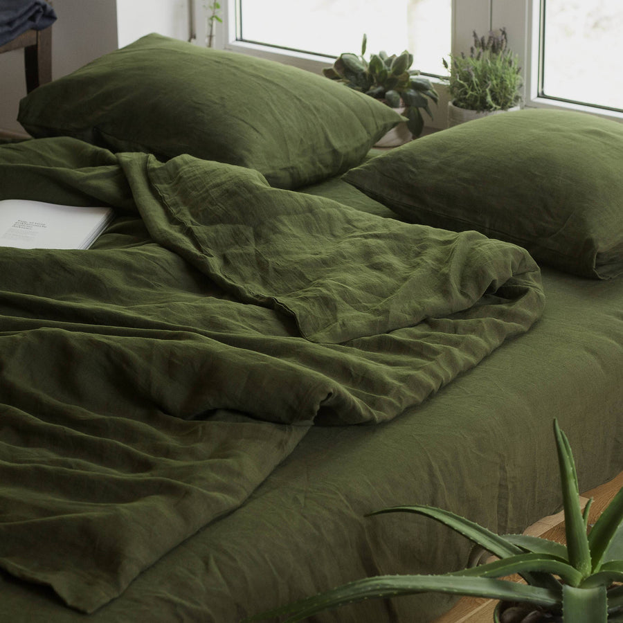 Set Of Forest Green Linen Duvet Cover And Two Pillow Cases