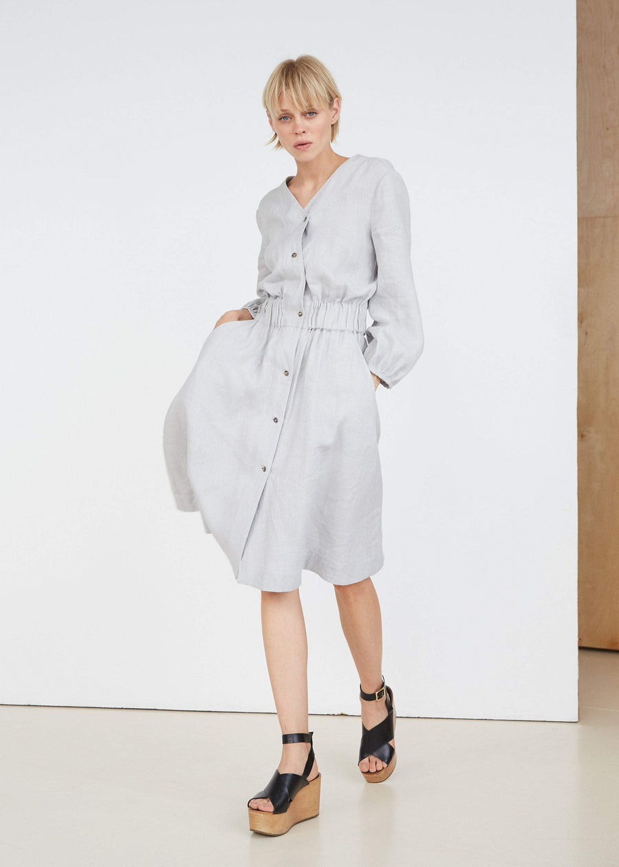 Cloud Gray Linen Dress With Buttons