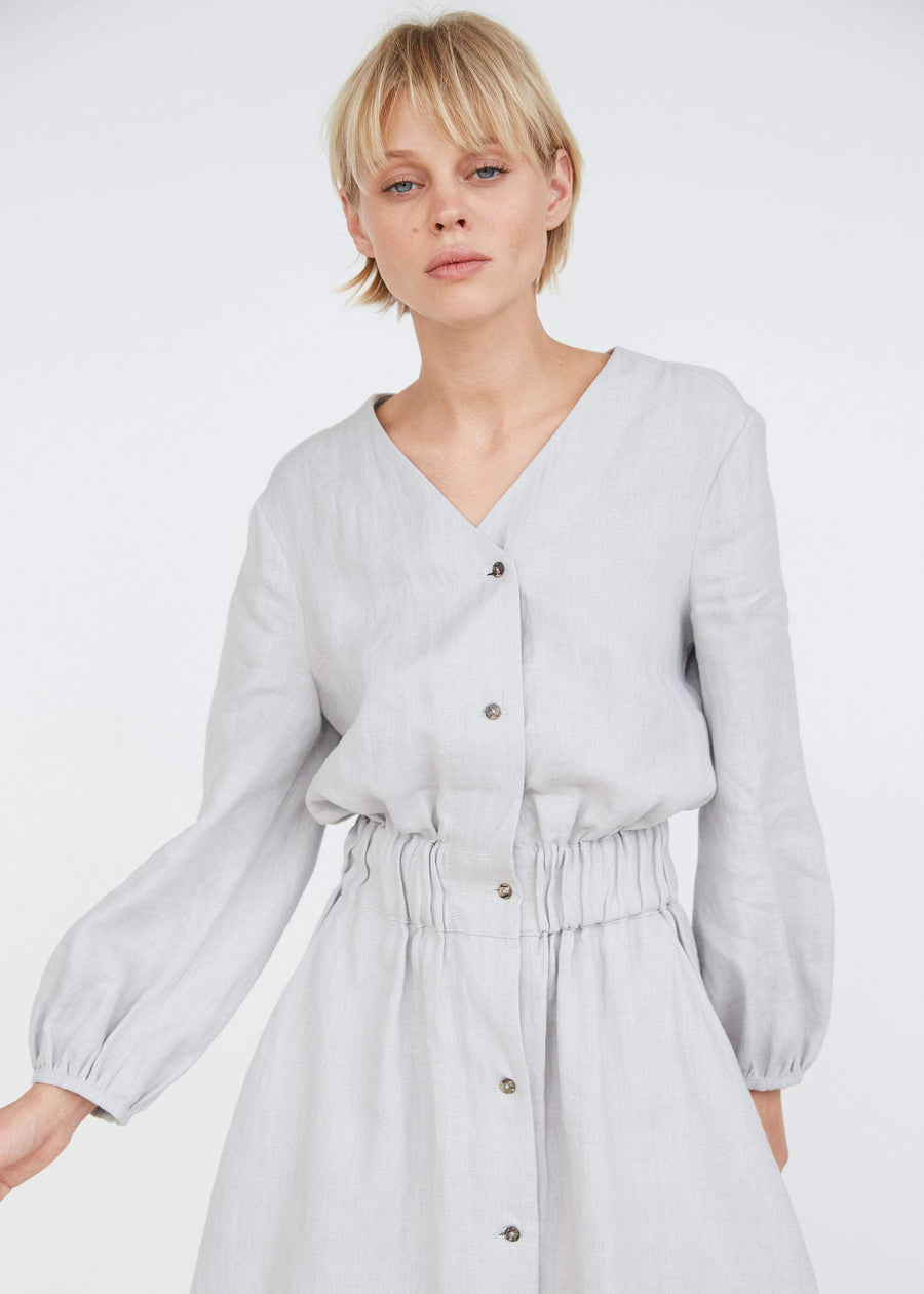 Cloud Gray Linen Dress With Buttons