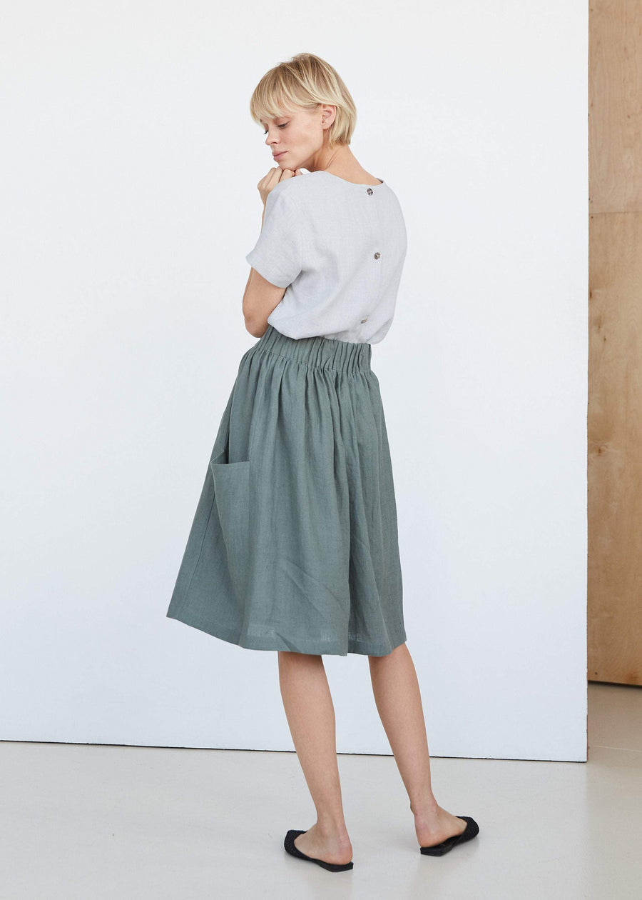 Dark Green Linen Skirt With Pockets