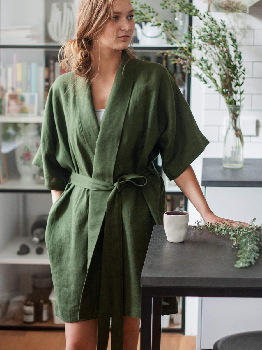 Dark Green Linen Robe