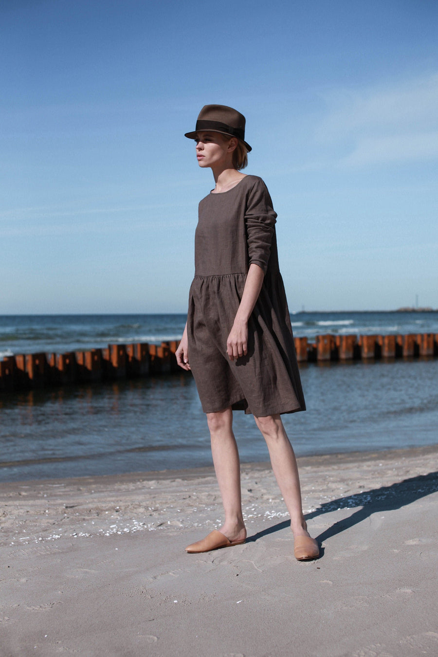 Walnut Brown Linen Dress With Long Sleeves