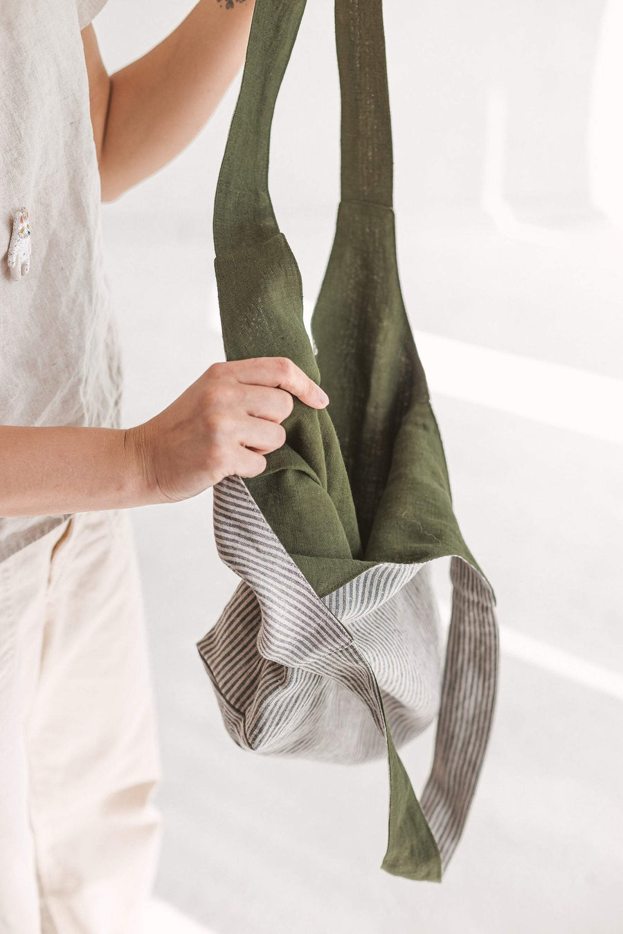 Dark Green Reversible Linen Tote Bag