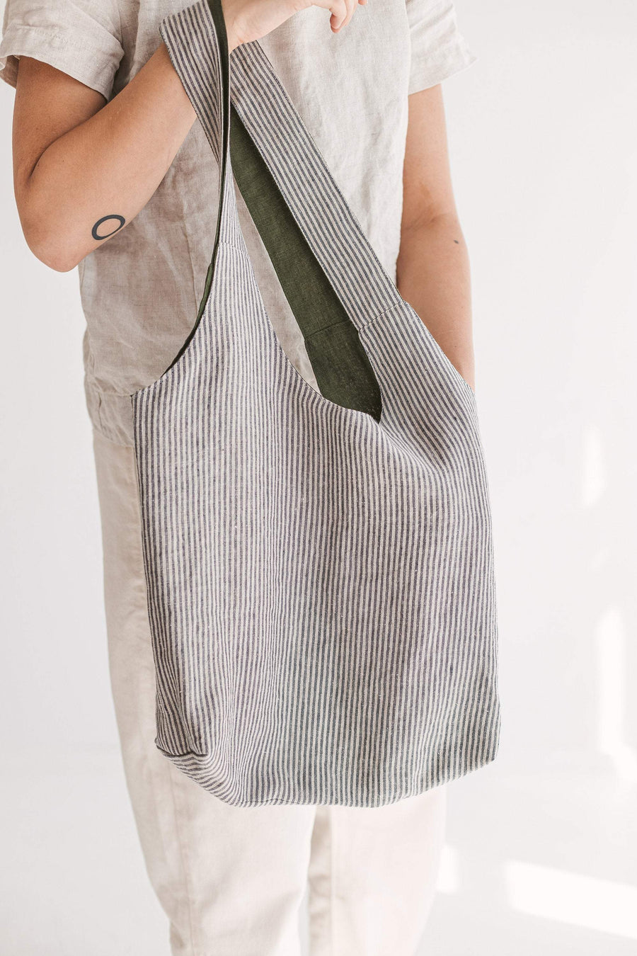 Dark Green Reversible Linen Tote Bag