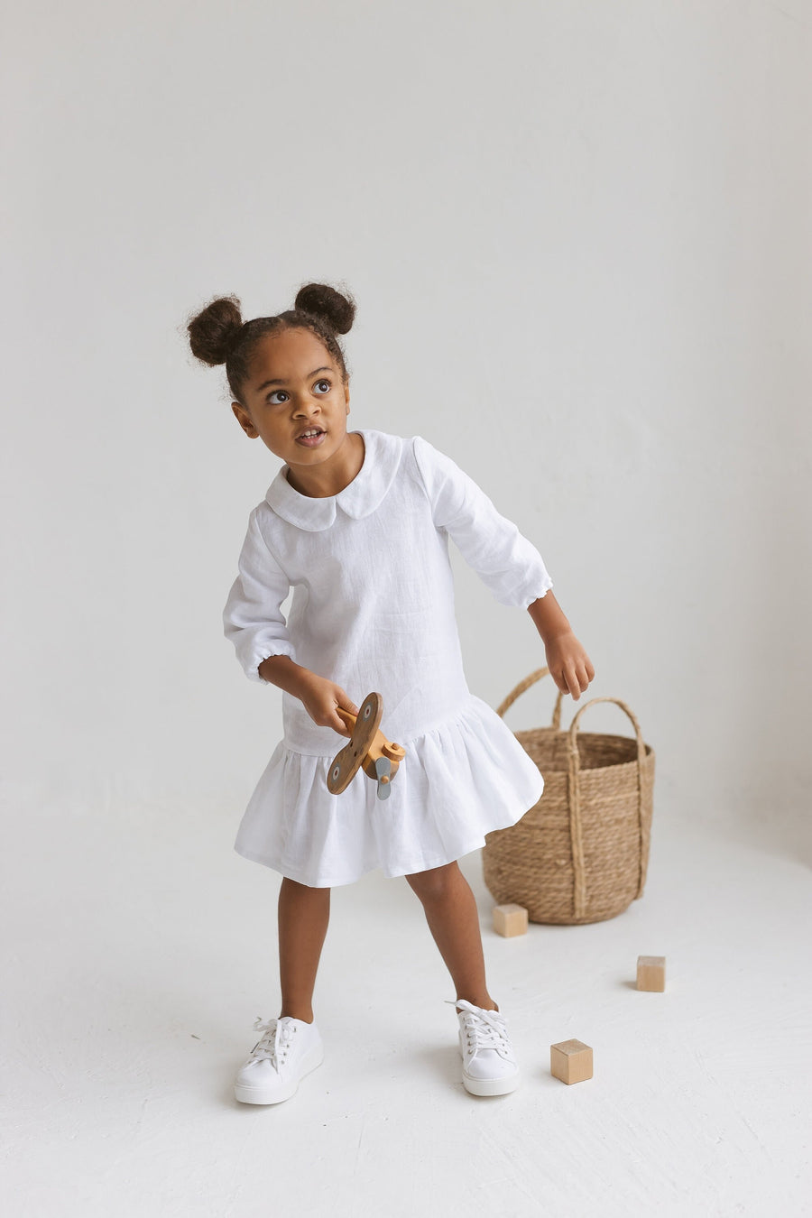 White Linen Collar Girls Dress