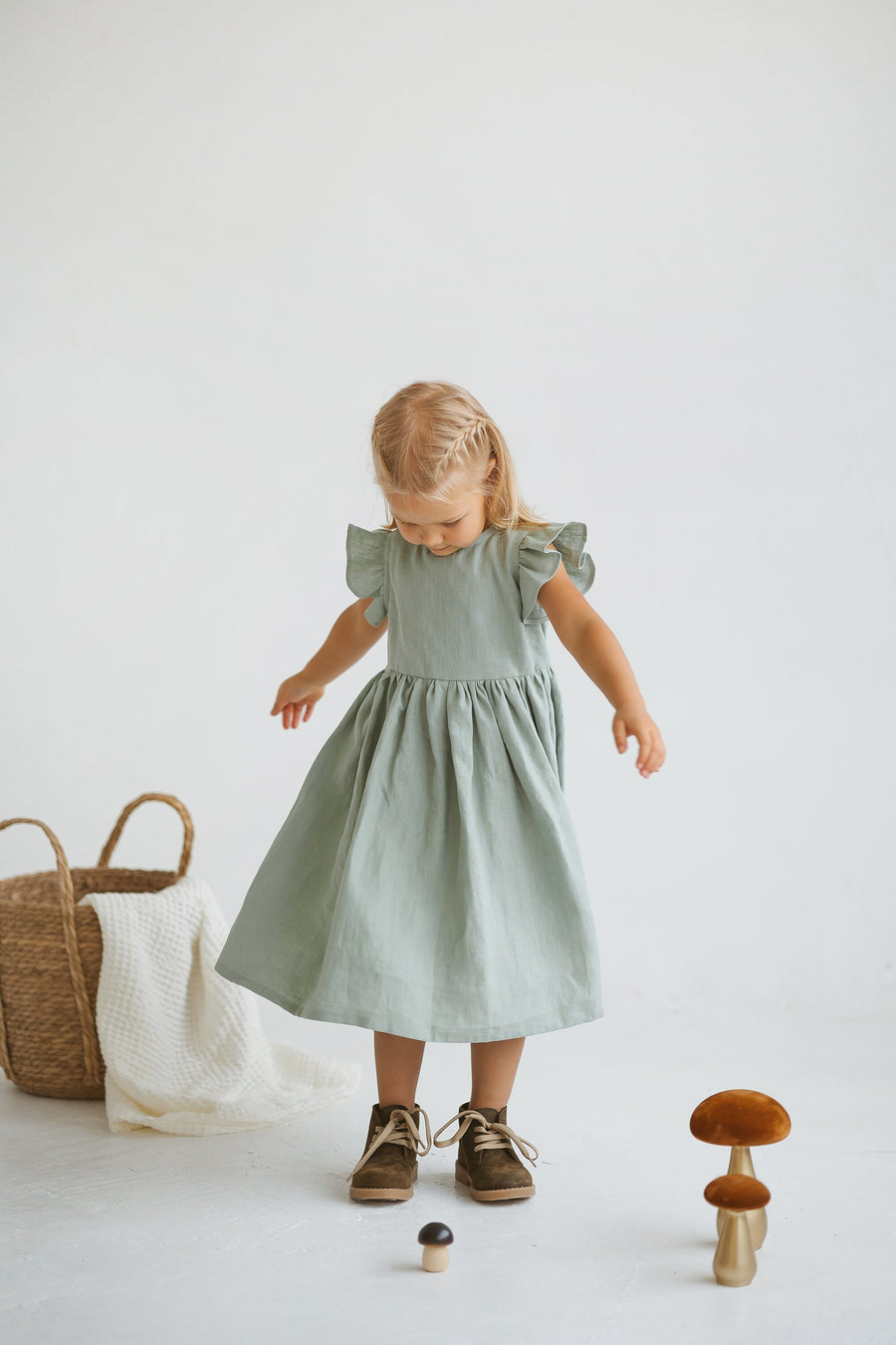 Sage Linen Girls Dress With Ruffles